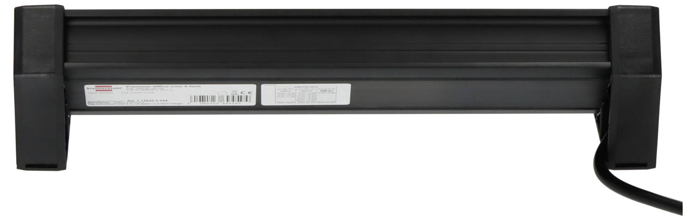 Black linear light fixture or under-cabinet LED bar with power cord attached, shown horizontally on a white background.