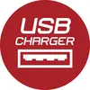 Red circular sign with white text 'USB CHARGER' above a USB port icon, indicating a charging location.<br>