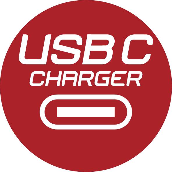 Red circular icon labeled 'USB C CHARGER' with a stylized USB-C port symbol, indicating a USB-C charging point.