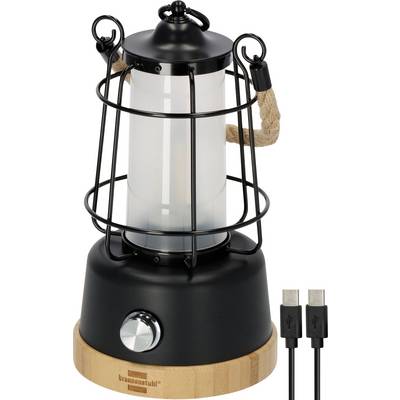Black and wood camping lantern with protective metal cage, rope handle, USB charging cables, and front power knob on a white background.