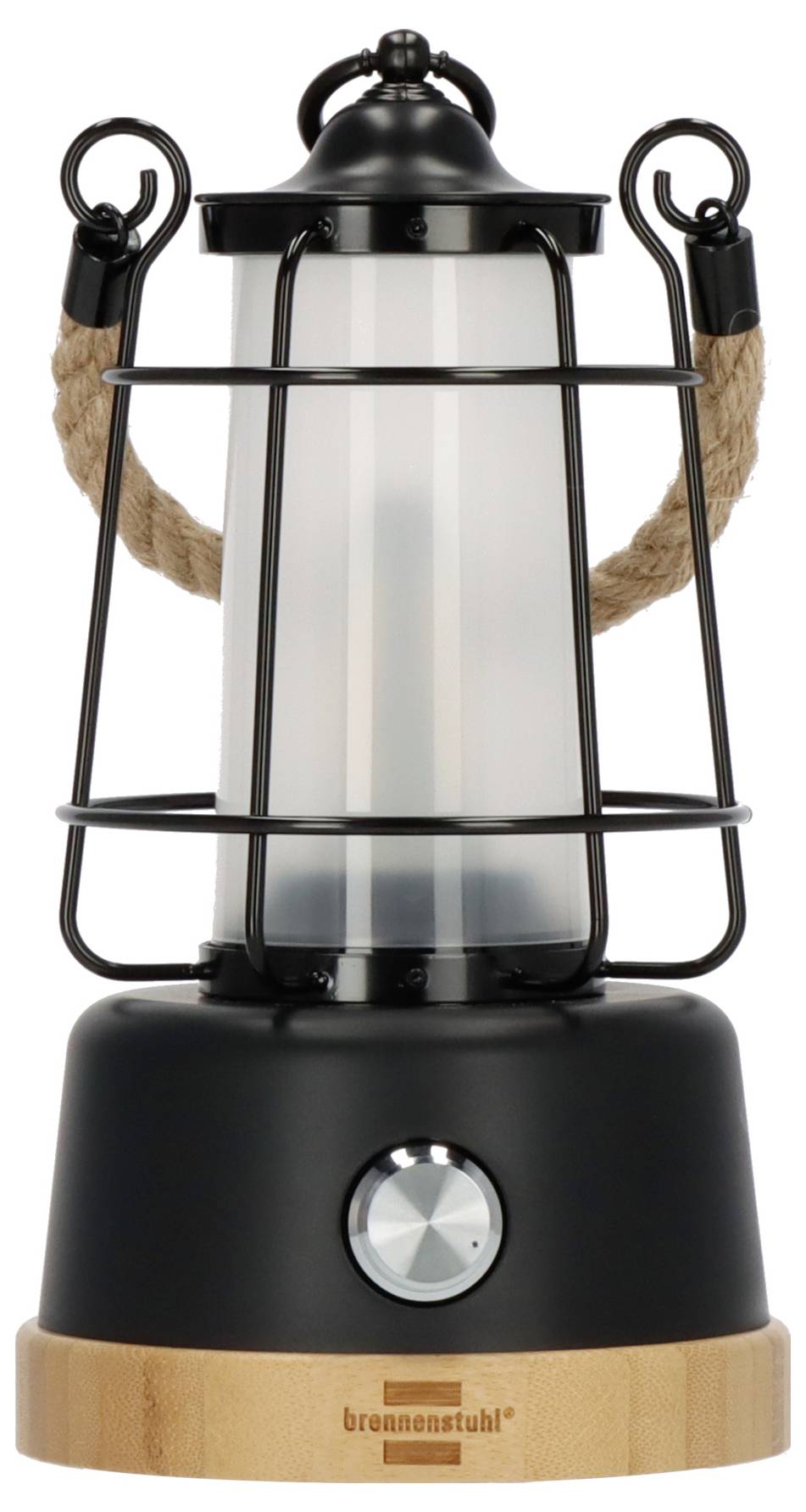 Black-and-silver lantern with glass body, rope handles, and wood base, shown on a white background.