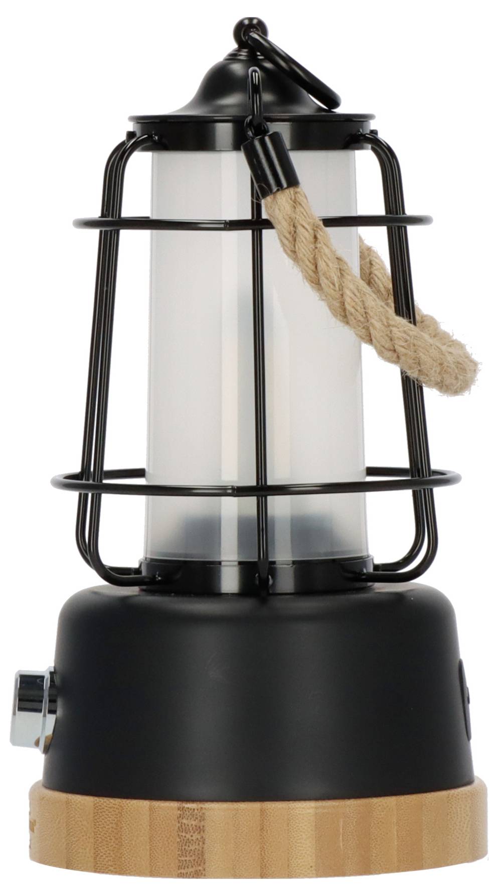 Black lantern-style lamp with frosted glass, protective metal cage, rope handle, and wood base on a plain background.