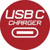 Red circular icon labeled 'USB C CHARGER' with a white USB-C port symbol, indicating a charging station or power point.