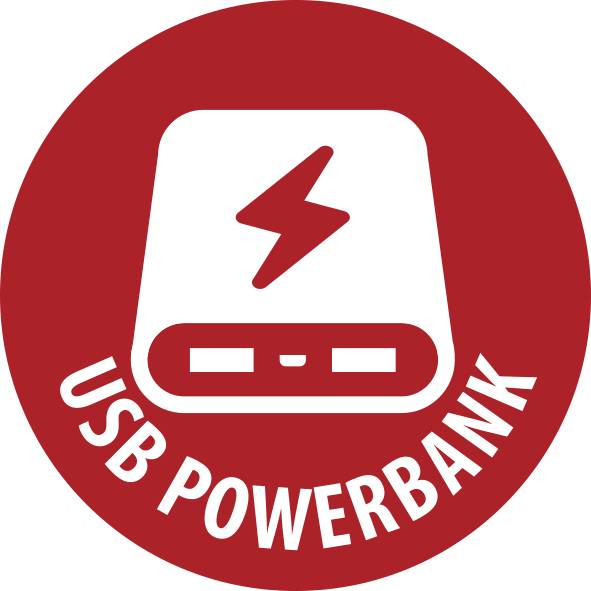 Red circular 'USB POWERBANK' icon showing a white power bank with a lightning bolt.