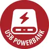 Red circular 'USB POWERBANK' icon showing a white power bank with a lightning bolt.