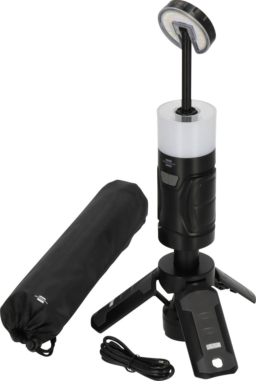 Portable rechargeable LED camping lantern with adjustable head, folding tripod stand, carrying case, and power cord.