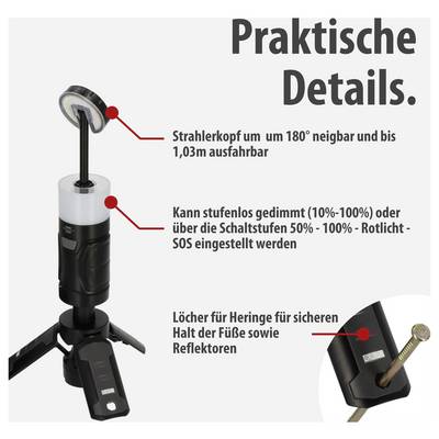 Product graphic with the heading 'Practical Details': adjustable spray head (180°; up to 1.03 m), stepless dimming 10–100 %/switching levels 50–100 %, herring holes for secure grip of feet and reflectors.