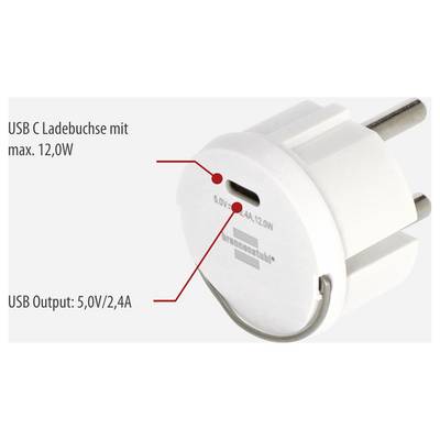 White USB-C charging adapter with EU plug, 12 W max.; labelling shows USB-C charging port, 5.0 V/2.4 A and USB output.
