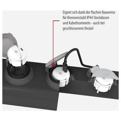 Three flat sockets with protective cover in a floor/cable reel solution; Text: 'Suitable thanks to the flat design for Brenntsuhl IP44 sockets and cable reels - even with the cover closed'