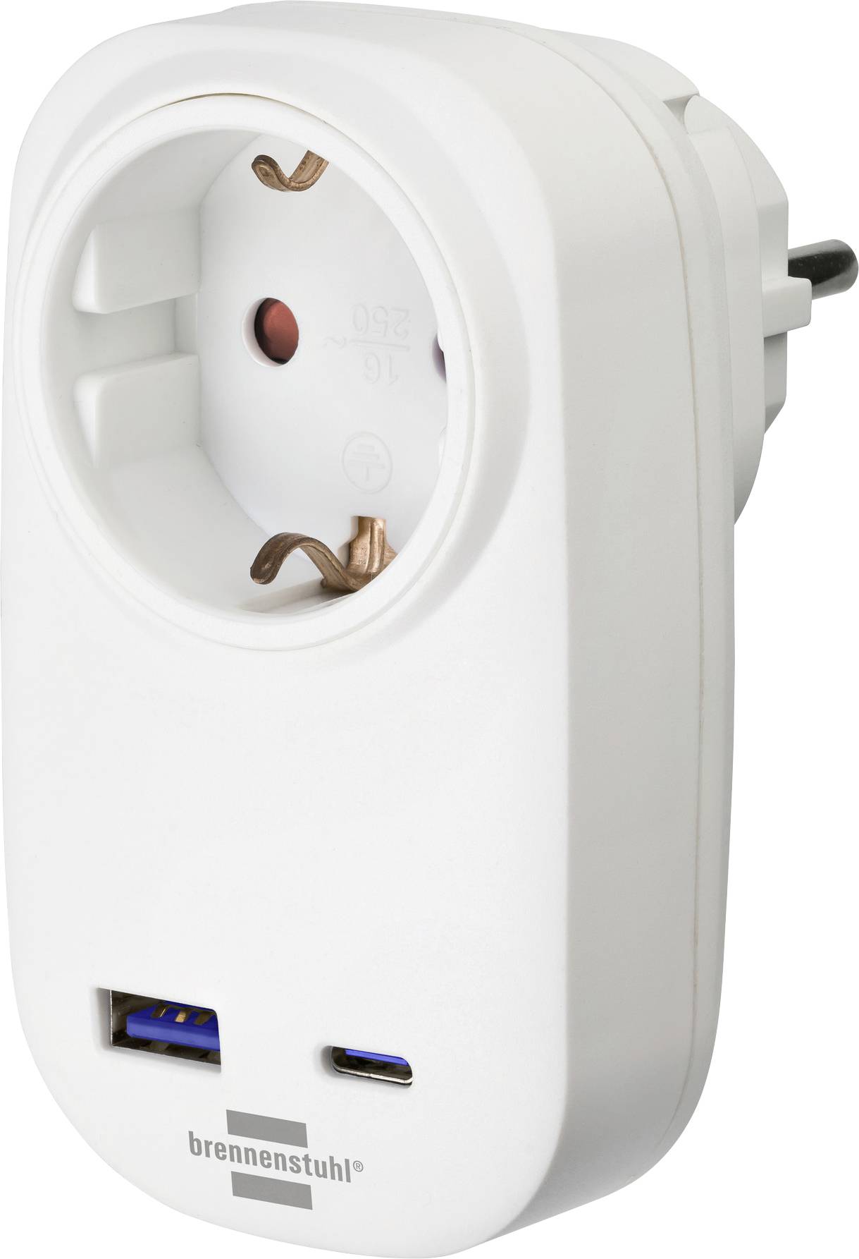 White plug-in power adapter with a European socket and two USB charging ports, branded 'brennenstuhl'.