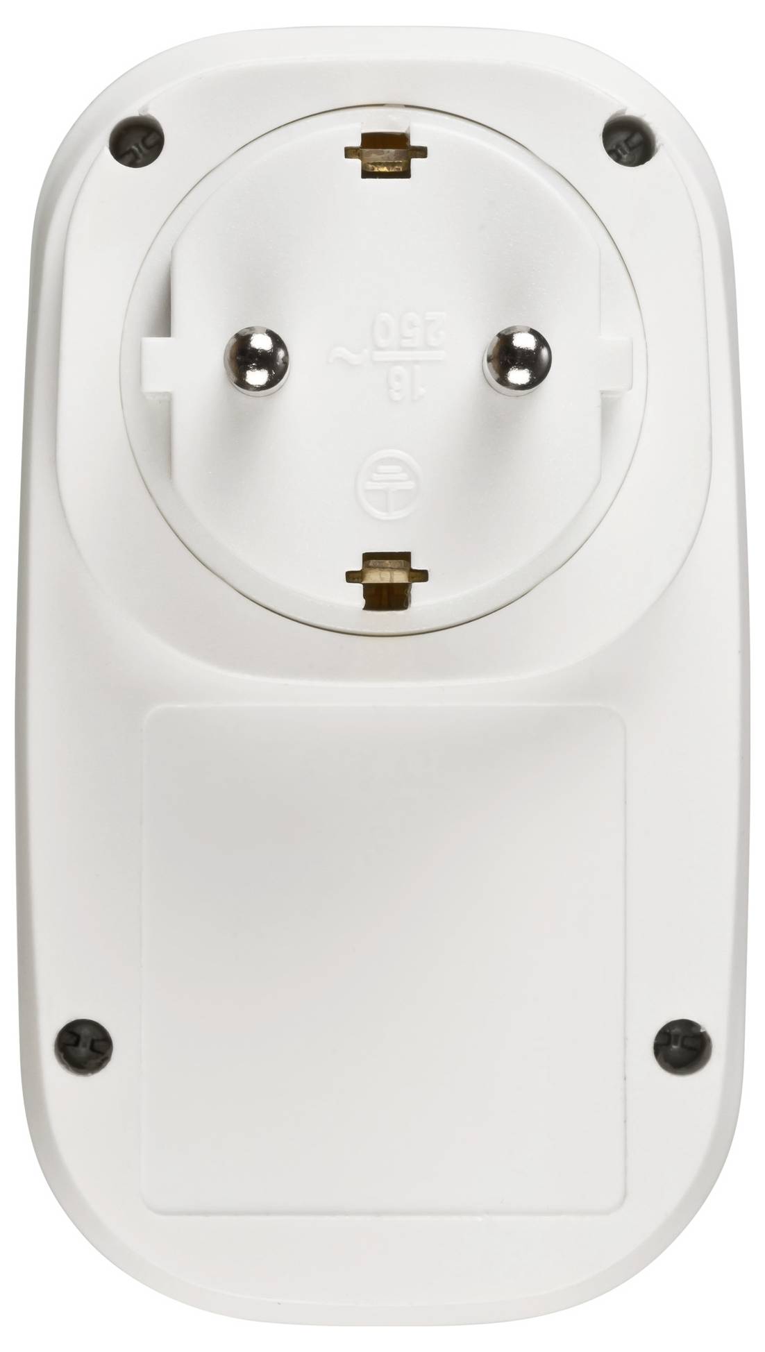 Rear view of a white electrical plug adapter with two round prongs and four visible screws, showing the back housing and grounding symbol.