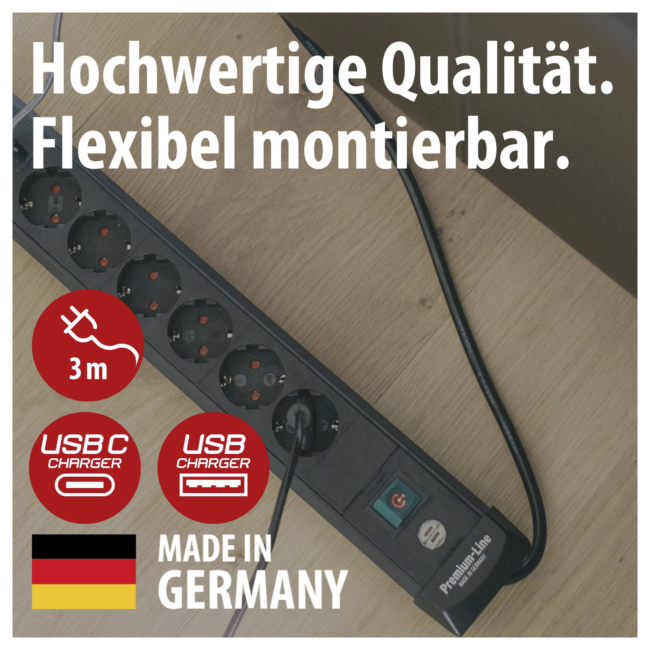 Power strip on wooden floor with text 'Premium quality. Flexible installation.', 3 m cable, USB-C/USB charging ports and 'Made in Germany' seal.