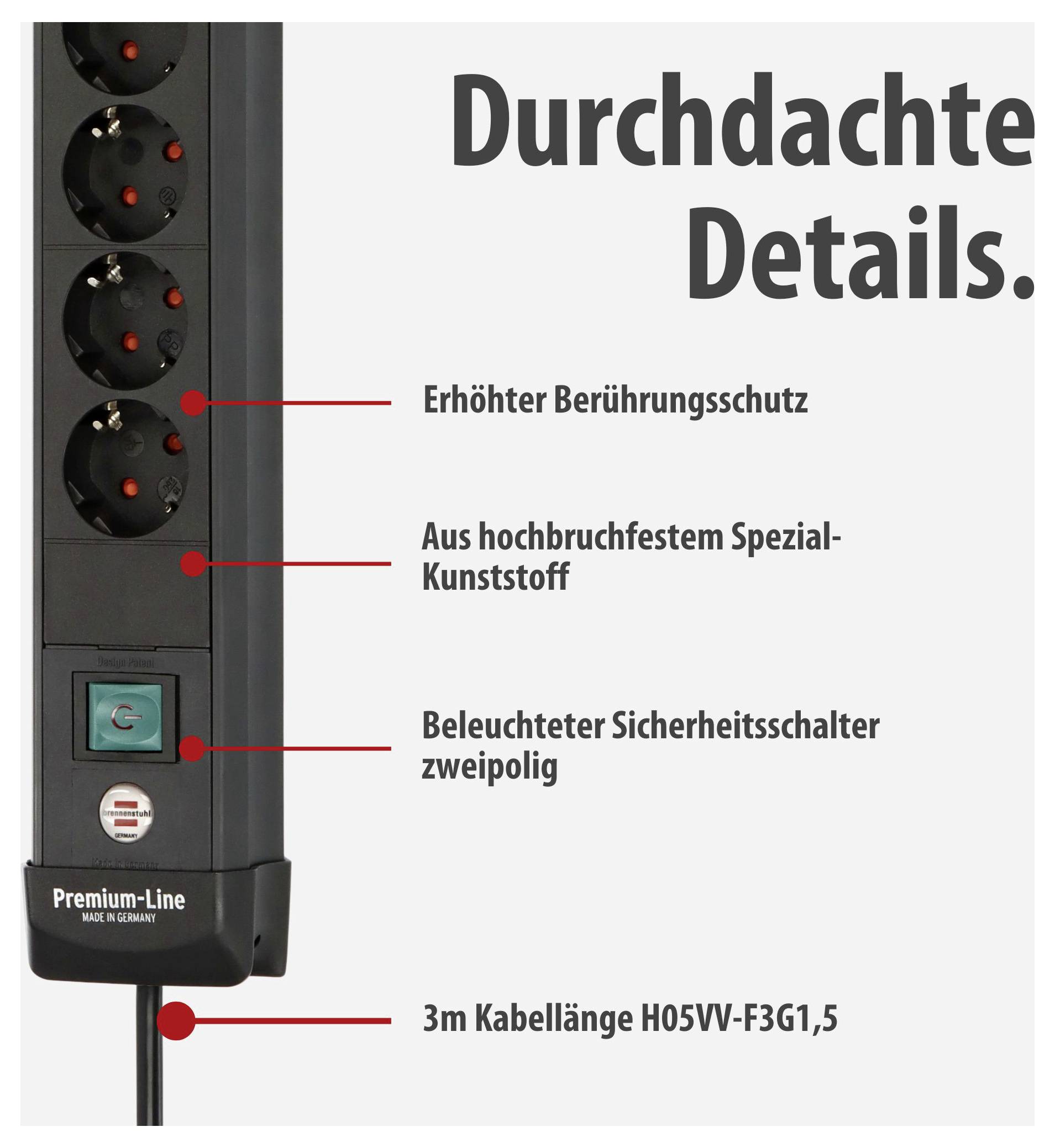 Advertising illustration of a multiple socket outlet with highlighted safety features: raised contact protection, special plastic, illuminated two-pole safety switch and 3 m cable.