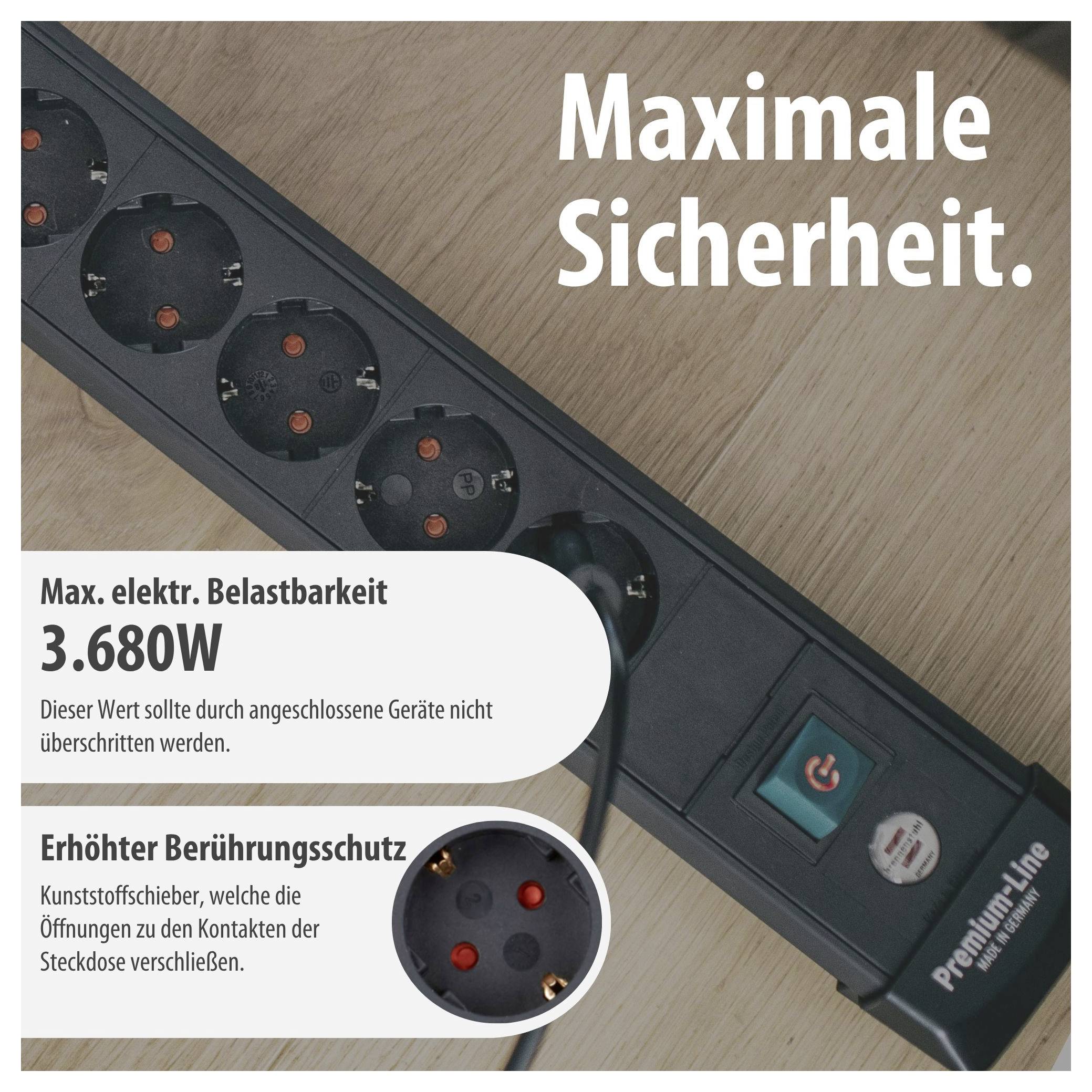 Power strip with indication of maximum safety; 3,680 W maximum load and enhanced touch protection through plastic shutters are specified.