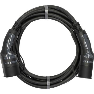 Coiled black EV charging cable with connectors on both ends, shown against a white background.