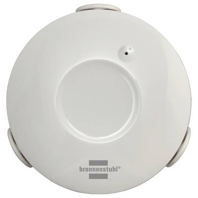 White round ceiling smoke detector with central test button and small indicator light, branded 'brennenstuhl' at the bottom.