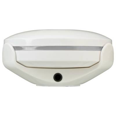 White wall-mounted motion sensor with a central black lens and translucent horizontal window, shown front view on a plain background