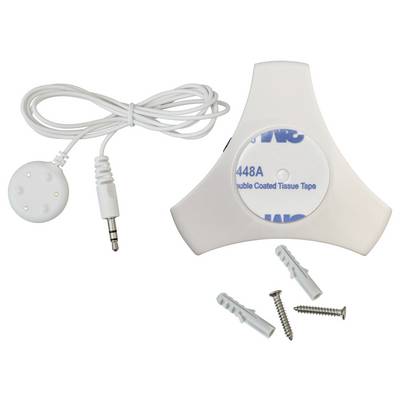White adhesive cable clip kit with cord, 3.5 mm plug, two wall anchors, and screws on a product package labeled 3M 448A Double Coated Tissue Tape.