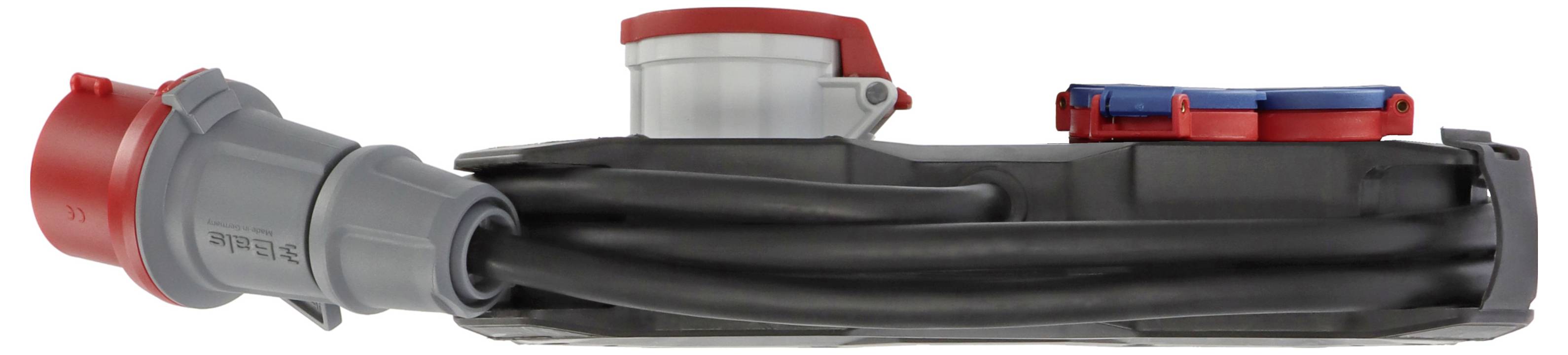 Black coiled cable with red and gray industrial connectors on both ends, shown on a white background.