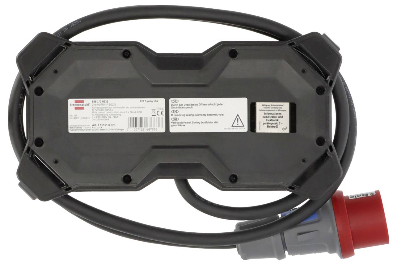 Rear view of a portable electric vehicle charging cable connector unit with attached thick black cable and red-gray plug on a white background.