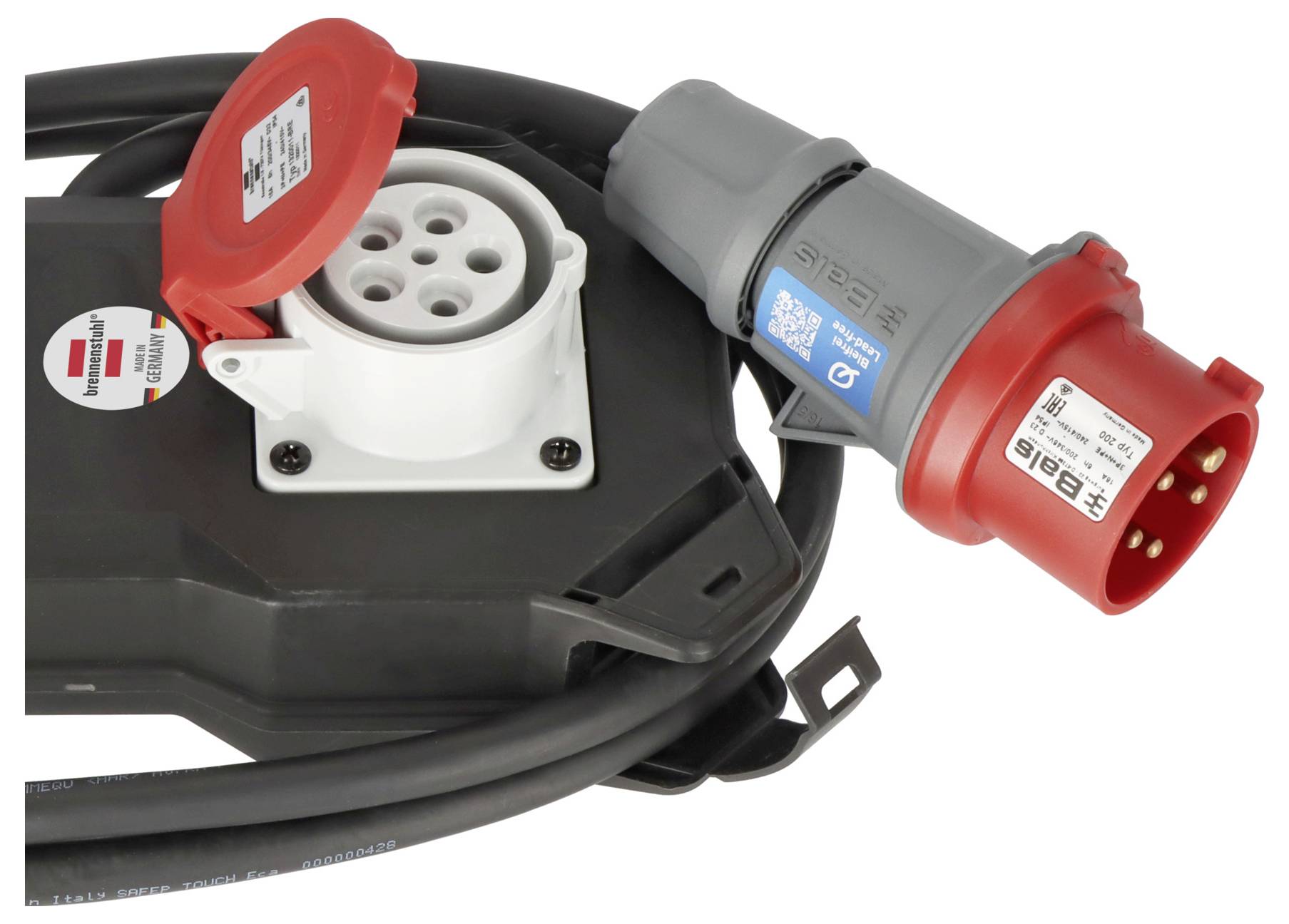 Portable electrical power distribution box with connected heavy-duty cables and red industrial plugs on a white background.