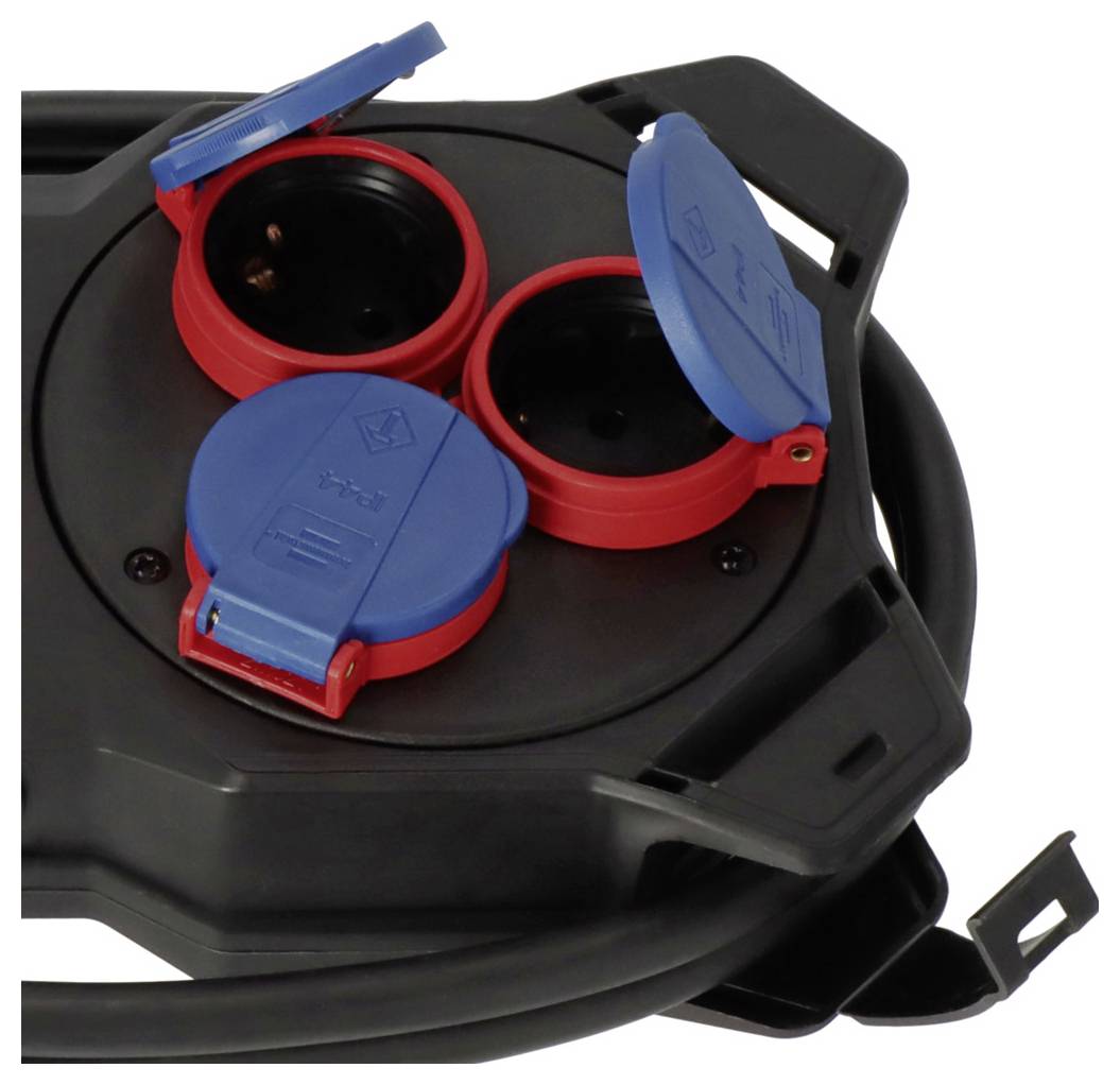 Black power cable reel with three blue and red covered electrical outlets on a white background.