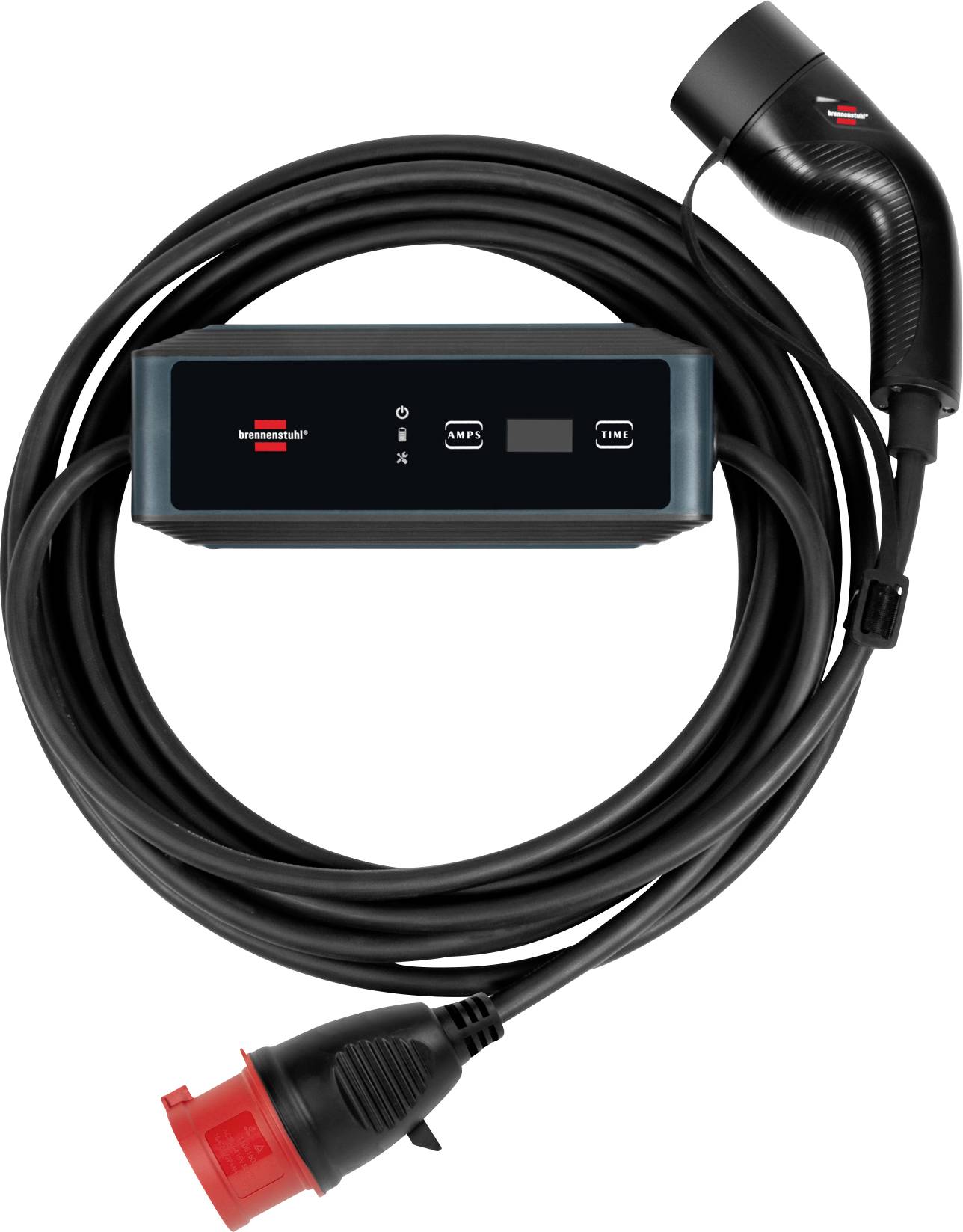 Coiled electric vehicle charging cable with control box and plug, shown on a white background.<br>