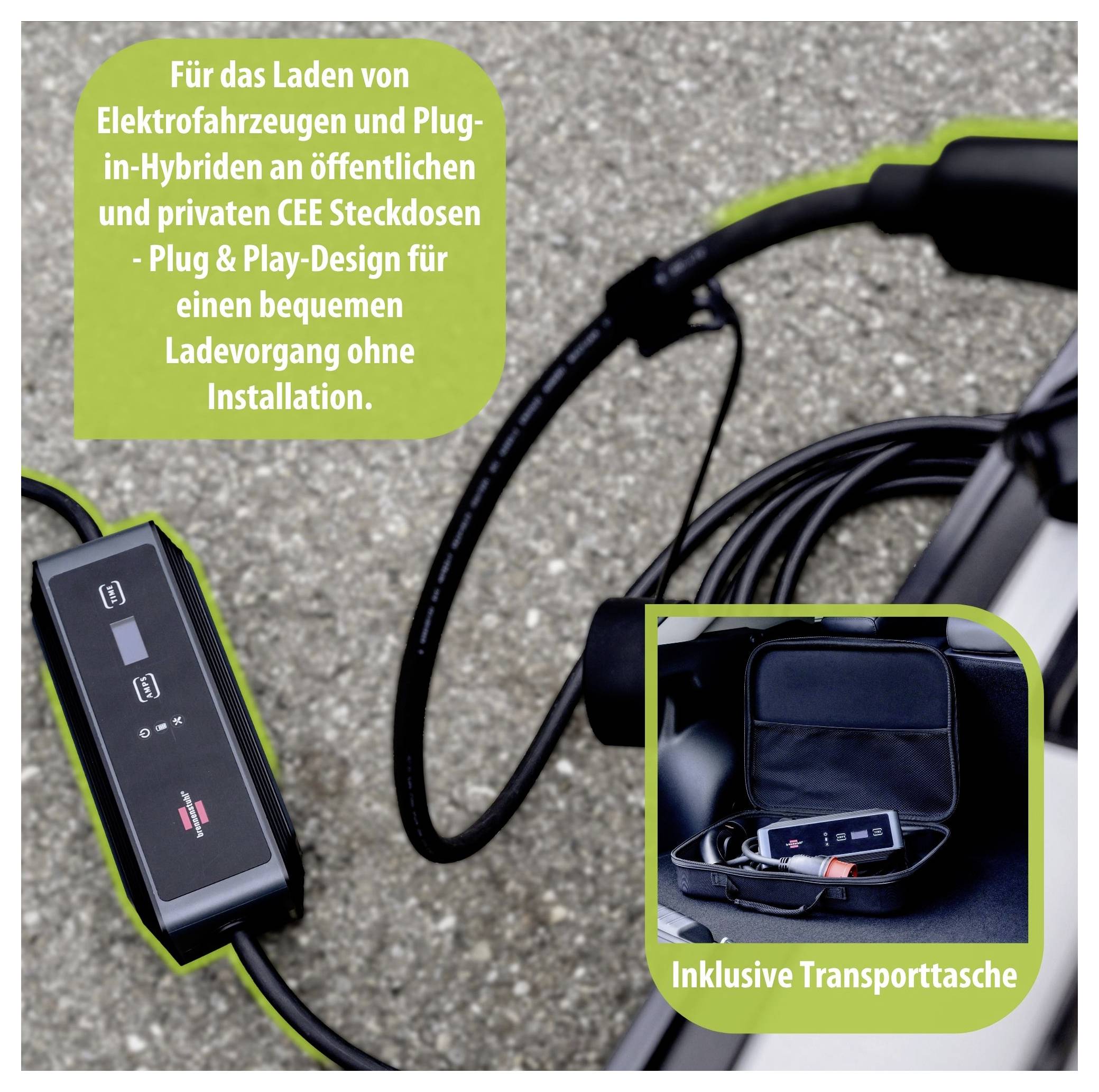 Mobile charging device for electric vehicles and plug-in hybrids at CEE sockets; shows charging box, cable and carrying bag, incl. 'Including carrying bag'.