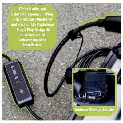 Mobile charging device for electric vehicles and plug-in hybrids at CEE sockets; shows charging box, cable and carrying bag, incl. 'Including carrying bag'.