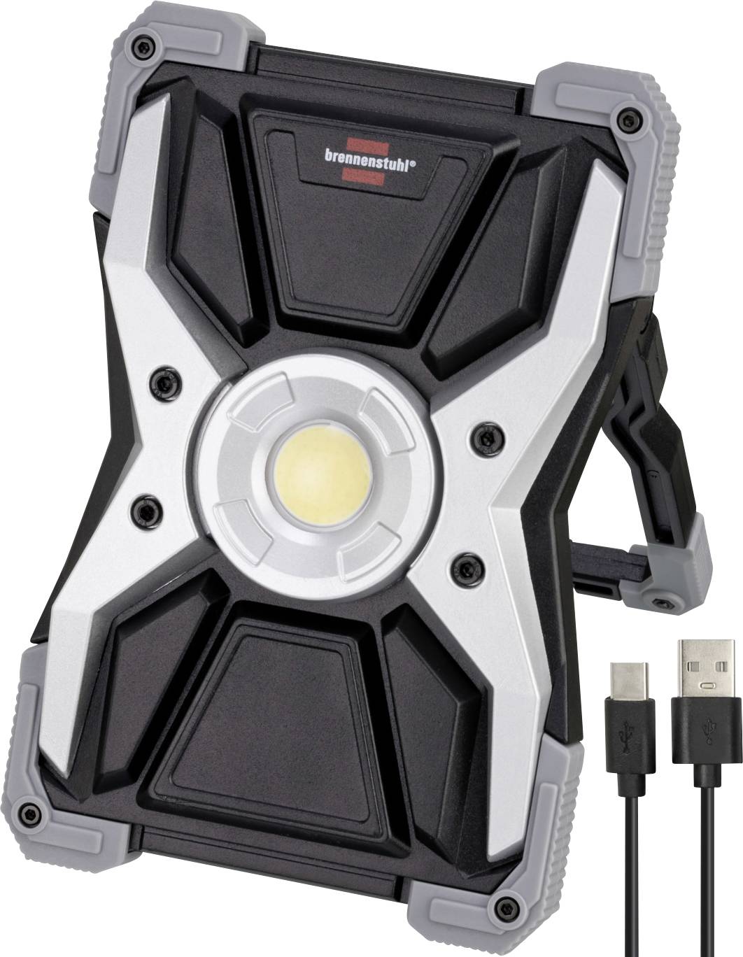 Portable rugged LED work light with USB charging cable and handle, shown front view on white background.