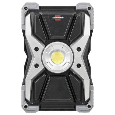 Rugged black and gray Brennenstuhl portable LED work light with a central circular yellow lamp and reinforced corner guards.<br>