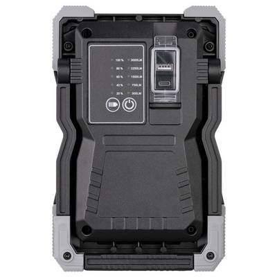 Black rectangular LED work light with battery level indicator, USB port, and rugged gray corner guards.<br>