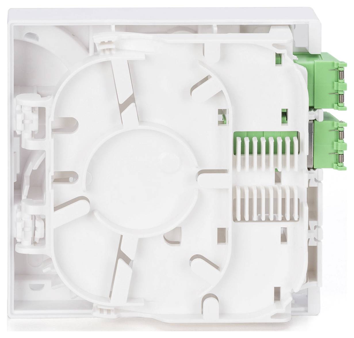 A white plastic fiber optic terminal box with two green connectors on the right side, used for managing and securing fiber optic cables.