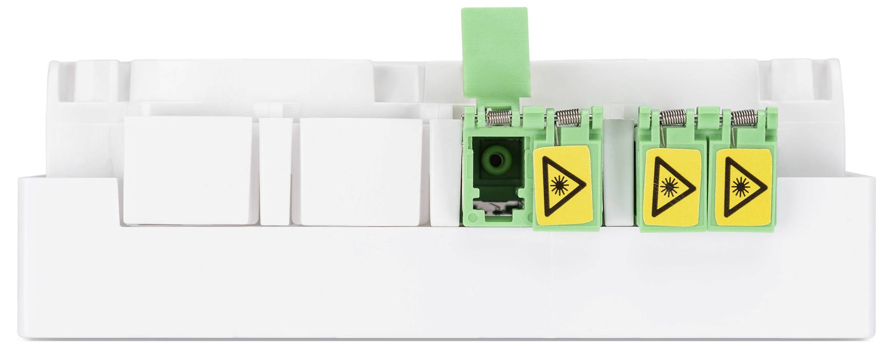 A white device with green fiber optic connections, marked with yellow 'laser' warning symbols, indicating caution near laser sources.