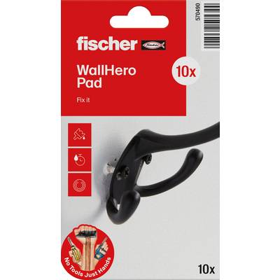 Fischer WallHero Pad wall hook package, labeled '10x' and 'Fix it', showing a black hook mounted on a wall with no tools needed.