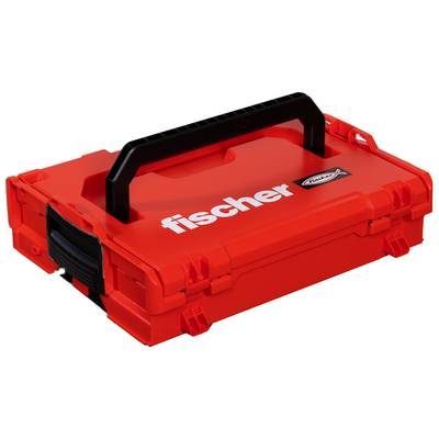 Red fischer plastic tool case with black carrying handle and latch closures, shown closed on a white background.<br>
