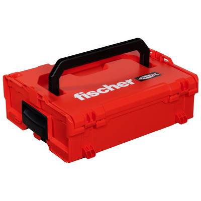 Red plastic carrying case with black handle and latches, labeled 'fischer'.
