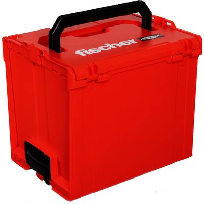 Red Fischer tool storage case with black handle and latch, shown closed on a white background.<br>