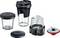 Blender accessory set with sharp blades, lids, and clear containers. Suitable for chopping, grinding, and storage.