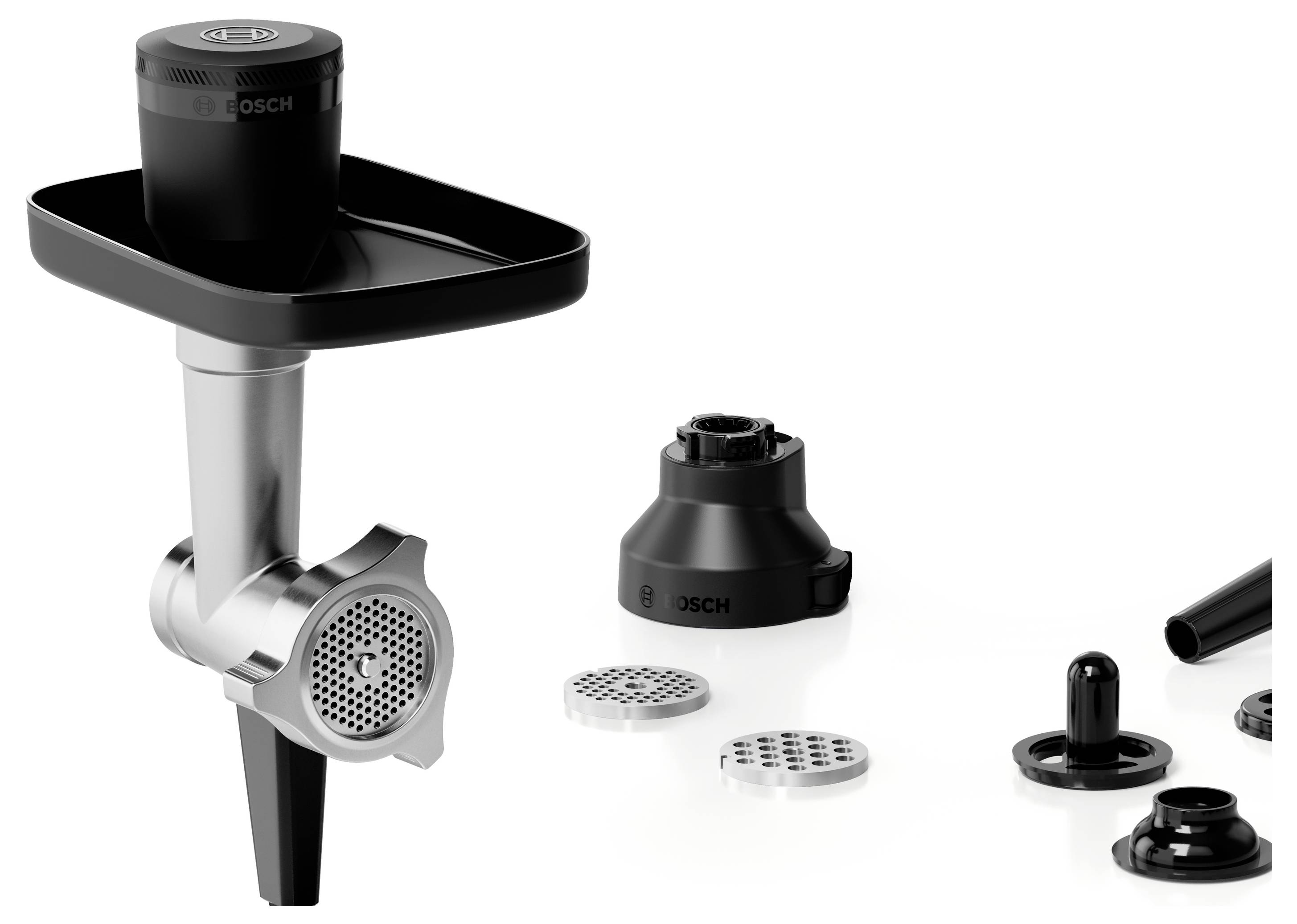 Meat grinder attachment for a kitchen appliance shown with various interchangeable discs and components for different grinding options.