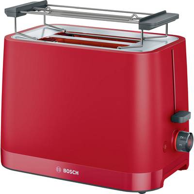 A red Bosch toaster with an adjustable knob and a steel rack on top, designed for toasting and warming bread.