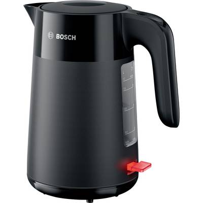 A black electric kettle with a red switch, featuring a water level indicator on the side.