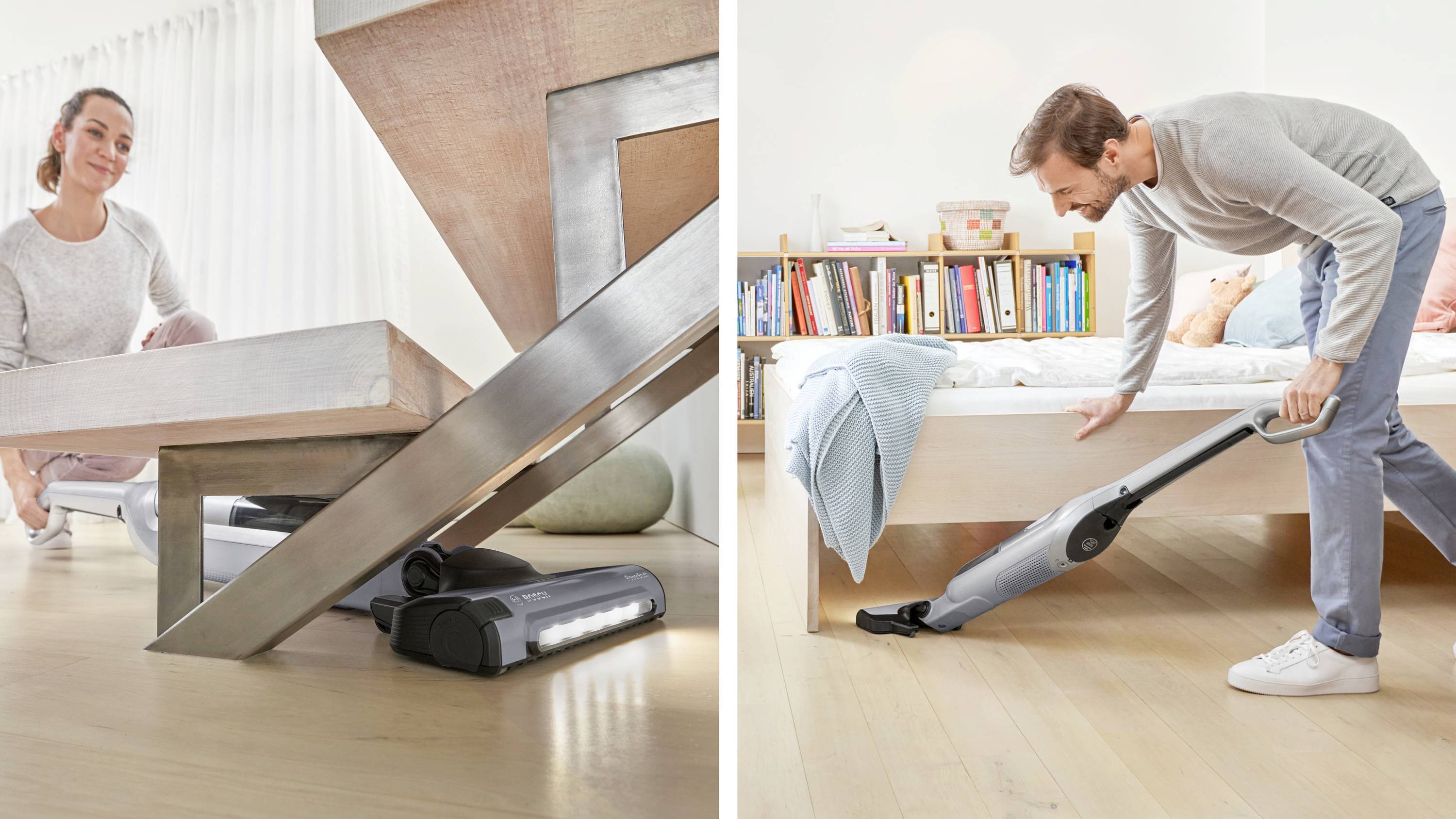 Two images show a man and woman using a vacuum cleaner with a flexible head to clean under furniture, highlighting its maneuverability.