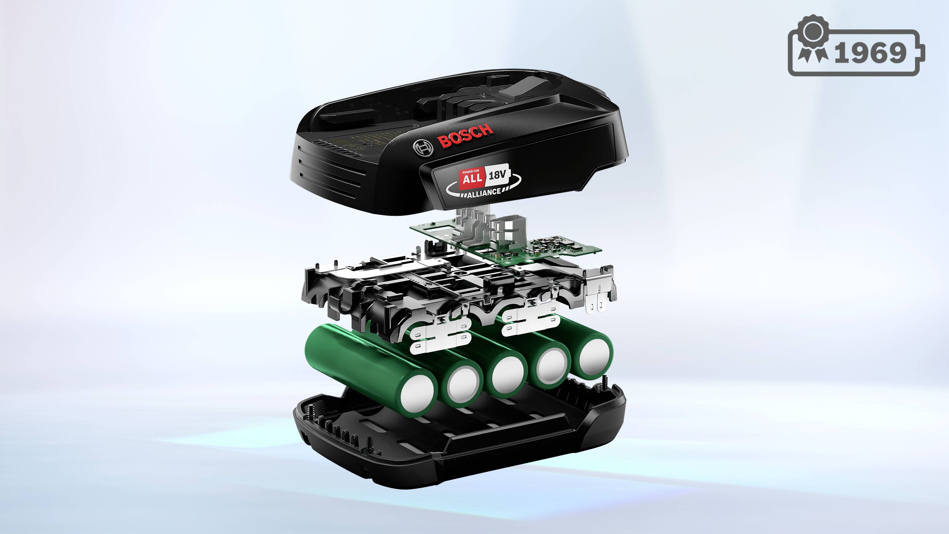 Bosch battery pack exploded view showing internal components, including green cylindrical cells and circuit board, emphasizing design and structure.