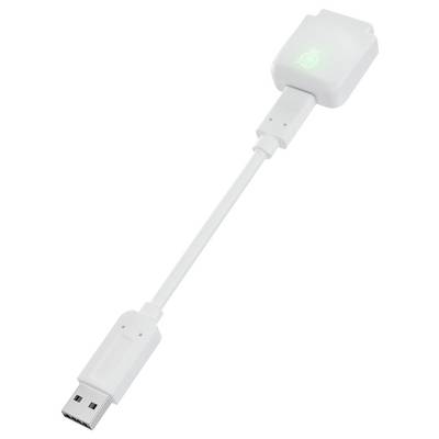 A white USB to Ethernet adapter with a glowing green icon, used for connecting devices to a wired network.