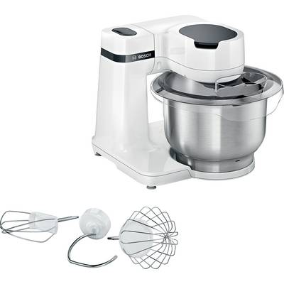 A white stand mixer with a stainless steel bowl and three different attachments: a whisk, a dough hook, and a beater, shown separately.