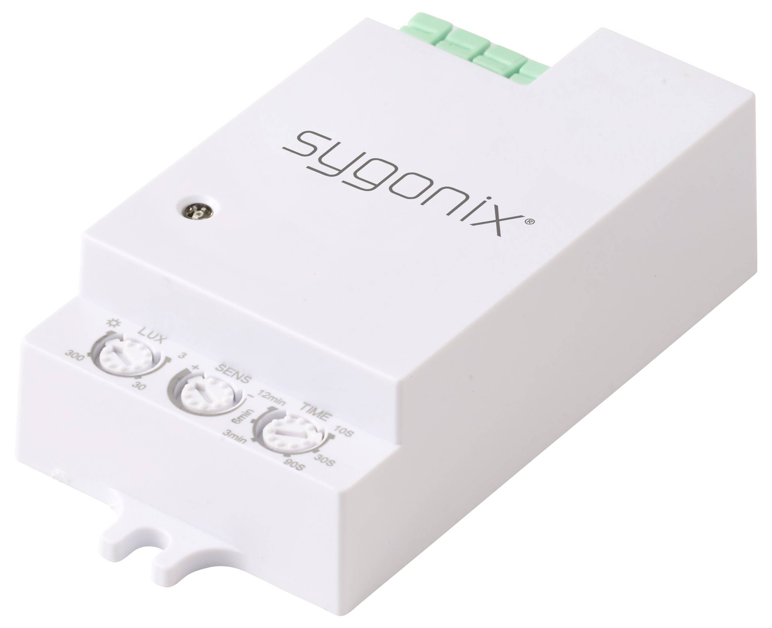 A white Sygonix motion sensor with adjustable dials labeled 'LUX', 'SENS', and 'TIME', used for controlling light sensitivity and duration.