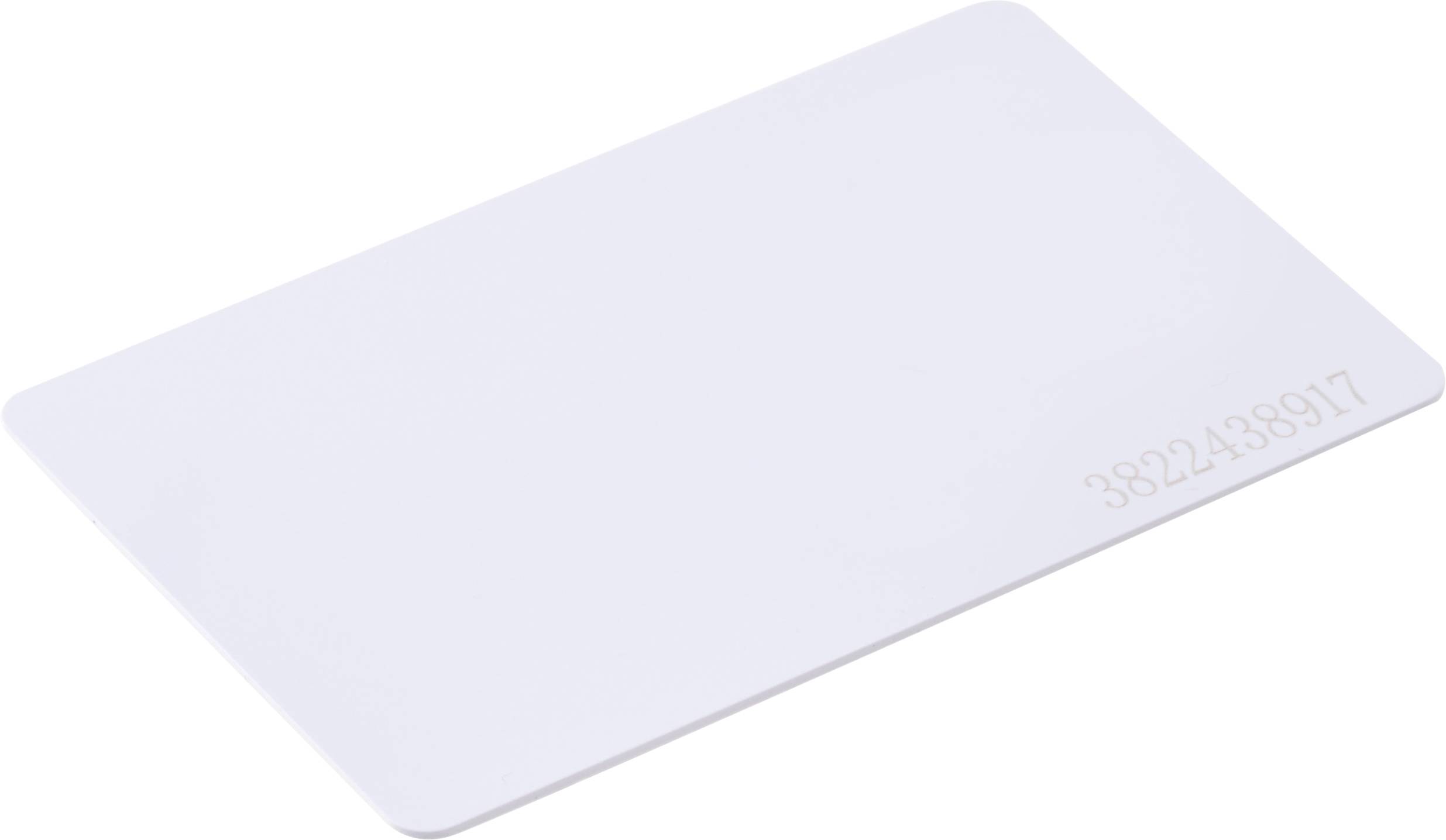 A blank white card with rounded corners, viewed at an angle. Numbers are faintly visible in the lower right corner.