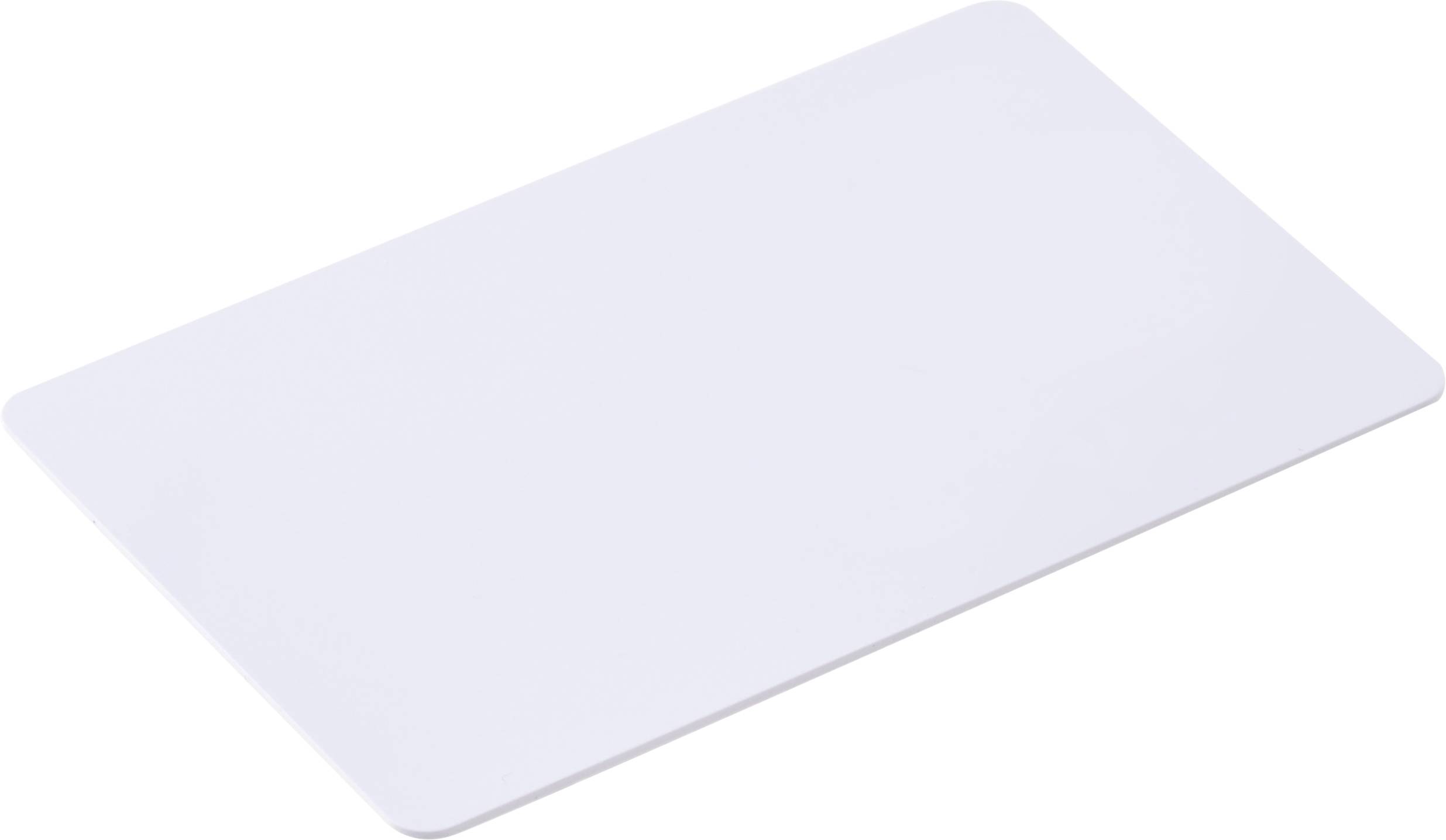 A plain white rectangular card with rounded corners, photographed at an angle on a white background.