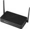 A black wireless router with two antennas, featuring a textured surface and a small indicator light.